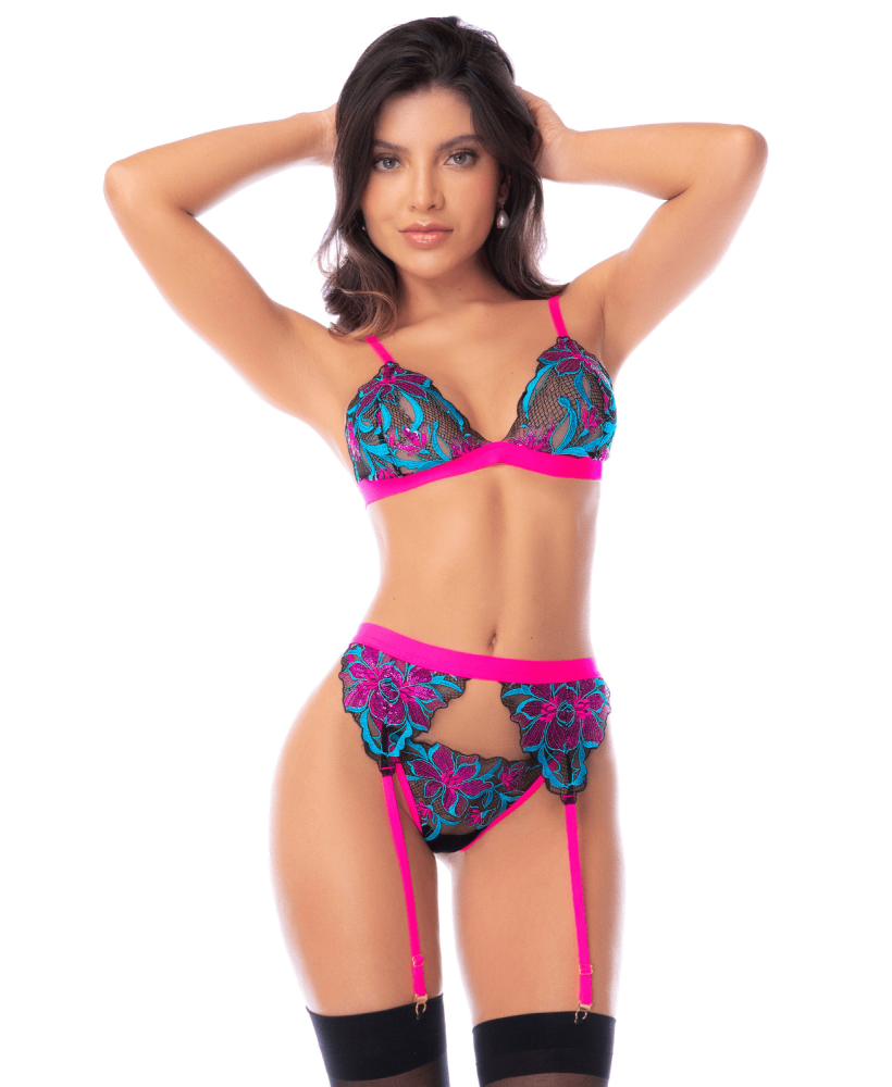 Ensemble lingerie 3 pièces bleu et rose brodé avec sequins – Mapalé